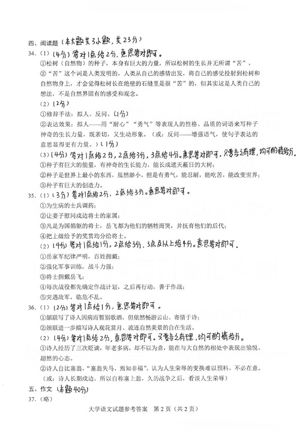 2021年广东专插本考试大学语文真题答案