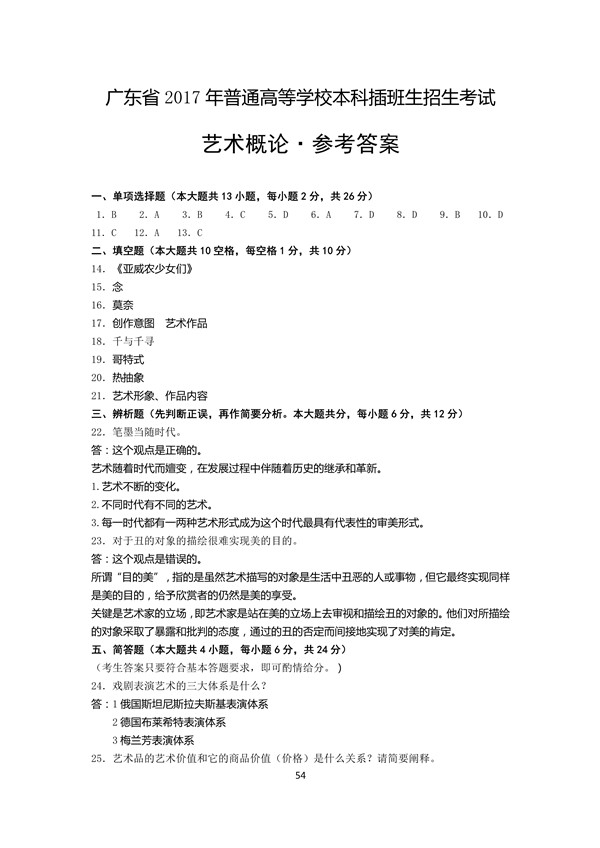 2017年广东专插本考试艺术概论真题答案