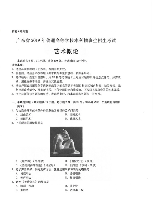 2019年广东专插本考试艺术概论真题