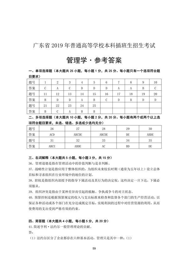 2019年广东专插本考试管理学真题