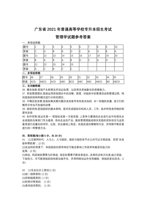 2021年广东专插本考试管理学真题答案