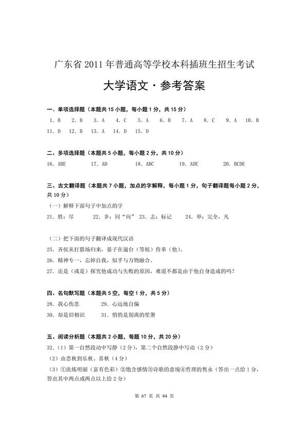 2011年广东专插本考试大学语文真题答案