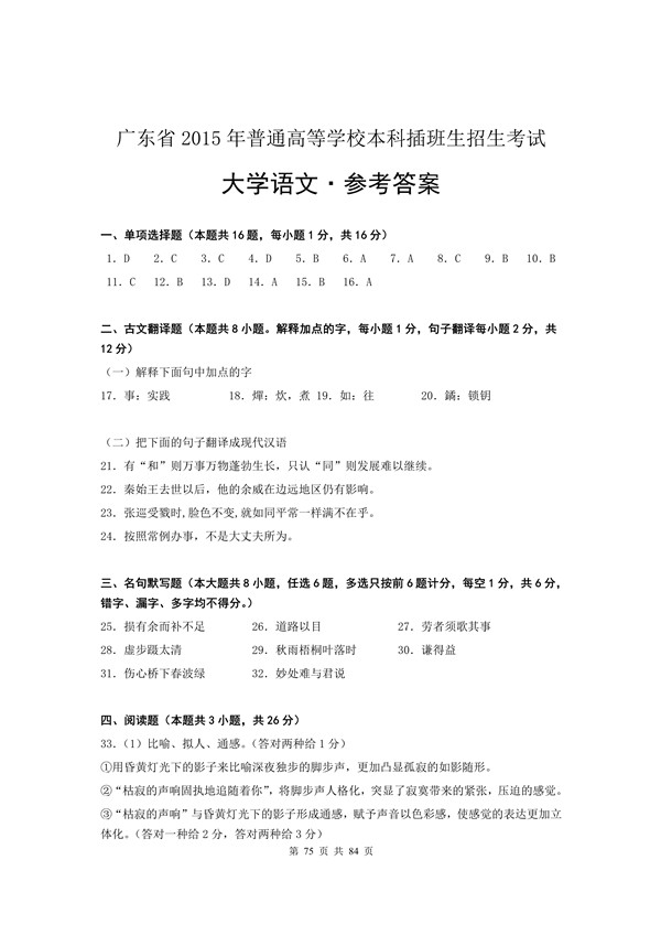 2015年广东专插本考试大学语文真题答案