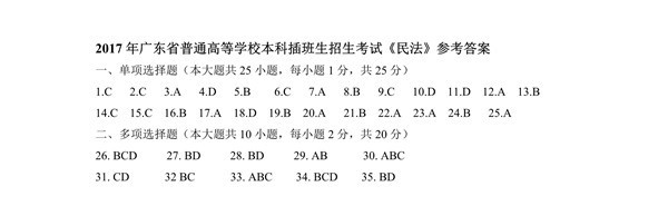 广东省2017年专插本招生考试《民法》真题答案
